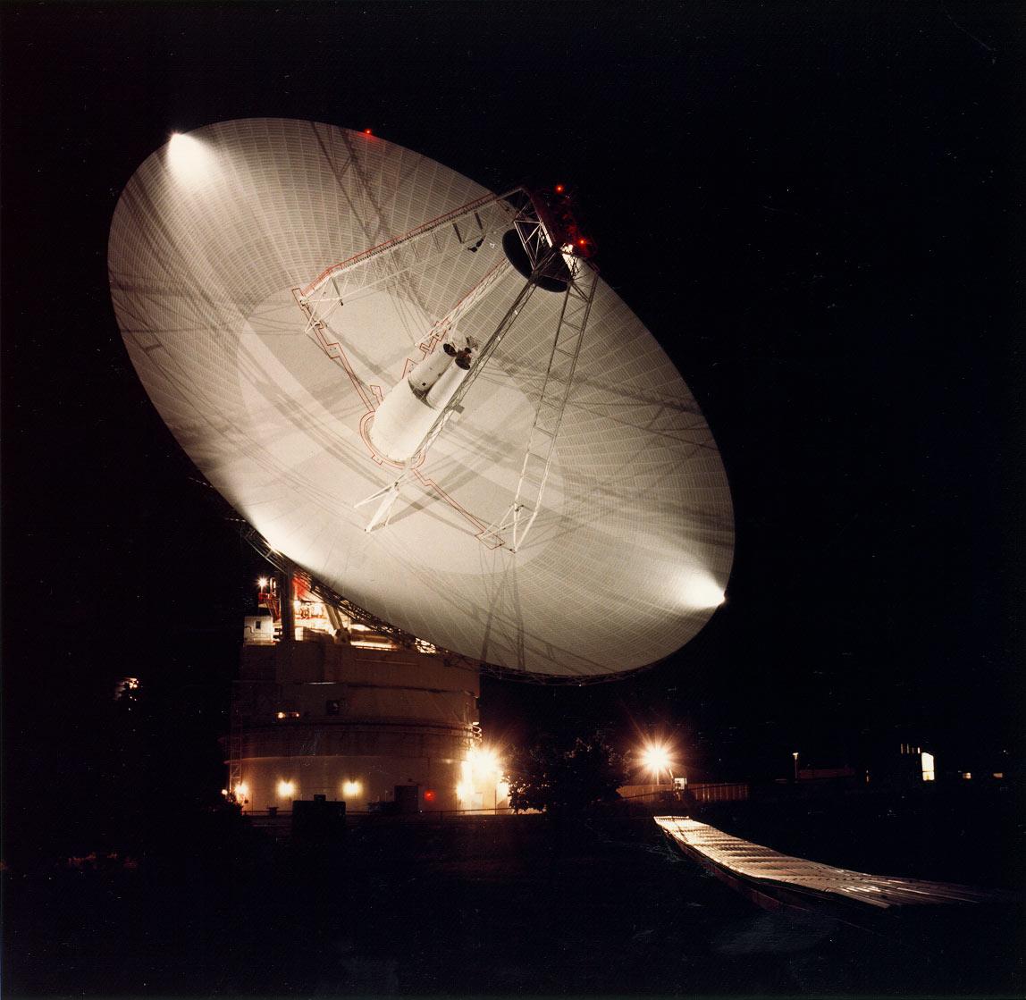 Night shot of the 70m antenna at Goldstone, California. The parabolic dish is 70m 230 ft. in diameter. The Goldstone Deep Space Communications Complex, located in the Mojave Desert in California, is one of three complexes which comprise NASA DSN.