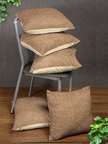 ROMEE Polyester Jute Solid Plain Cushion Covers 16 inch x 16 inch Set of 5 - Beige