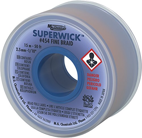 MG Chemicals Desoldering Braid #4 Fine Braid Super Wick with RMA Flux, 50' Length x 0.1" Width, Blue