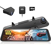 WOLFBOX 12" 4K Rear View Mirror Camera, Smart Full Touch Screen Mirror Dash Cam Front and Rear, Backup Camera with 1080P Rear