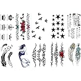 S.A.V.I 10PCS. Temporary Tattoo Stickers of Crown, Birds, Stars, Mermaid, Peacock Feather, Rose Flower, Text, Butterfly Mix D