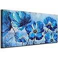 Ardemy Flower Canvas Wall Art Blue Bloosm Painting Modern Floral Picture, Wildflower Large Size Artwork Framed for Bathroom L