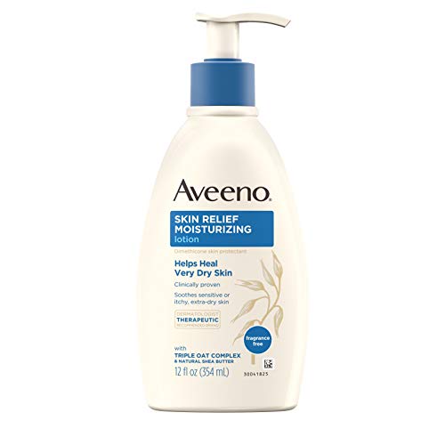 Aveeno Skin Relief 24-Hour Moisturizing Lotion for Sensitive Skin with Natural Shea Butter & Triple Oat Complex, Unscented Therapeutic Lotion for Extra Dry, Itchy Skin, 12 fl. oz