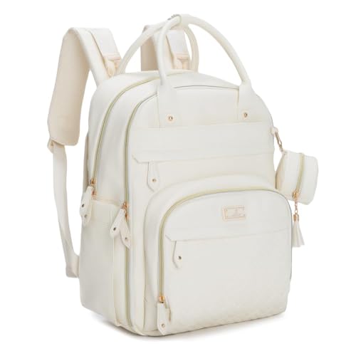 Photo 1 of BabbleRoo Leather Diaper Bag Backpack - Baby Essentials Travel Baby Bag, Multi function, Waterproof, with Changing Pad, Stroller Straps & Pacifier Case – Unisex, Eggshell White