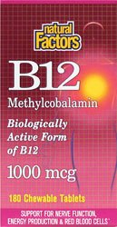 Natural Factors, Chewable Vitamin B12 Methylcobalamin 1000 mcg, Support for Energy Levels and Mental Function, 180 Tablets (180 Servings)