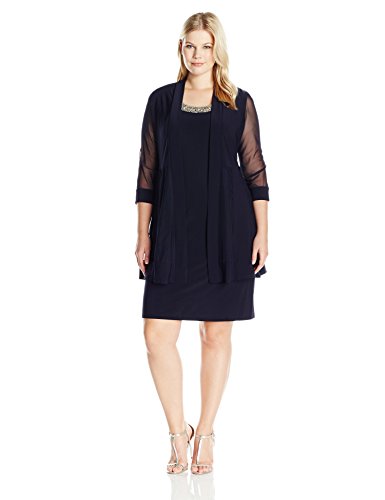 R&amp;M Richards Women's Plus Size 2 Piece Mesh Panel Beaded Neck Jacket Dress, Navy, 16W