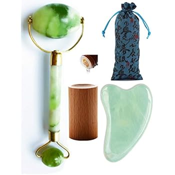 Jade Face Roller Massager, KOBESTN Face Jade Facial Roller Massager & Gua Sha Tools,Original Facial Scraping Massager Tool Real Jade Roller for Face Real Jade 100% Jade Facial Massager Set