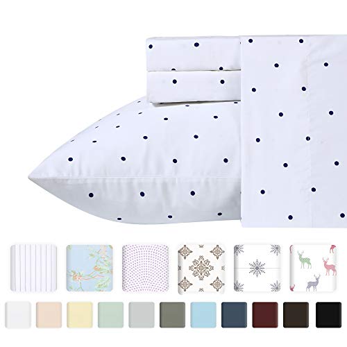 Premium 400-Thread-Count 100% Natural Cotton Sheets - 3-Piece Navy Blue Polka Dot Twin XL Sheet Set Long-Staple Combed Cotton Printed Bed Sheets for Bed Breathable Cotton Sateen Weave Sheet Sets