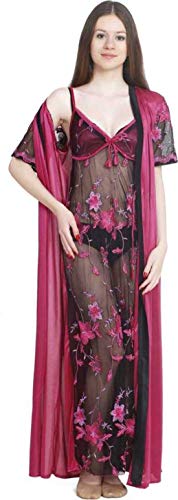 House of Sensation Black Color Set of 2 Fabric Satin Lycra Women's Nighty & Mesh Robe Free Size Comfortable and Soft Fabric