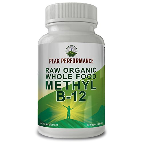 Raw Organic Whole Food Vegan b12 Vitamin by Peak Performance. Vitamin B12 Methylcobalamin - Methyl B-12 Supplement with 25+ Organic Fruit & Vegetable Ingredients. 30 Day Supply Capsules. Pills