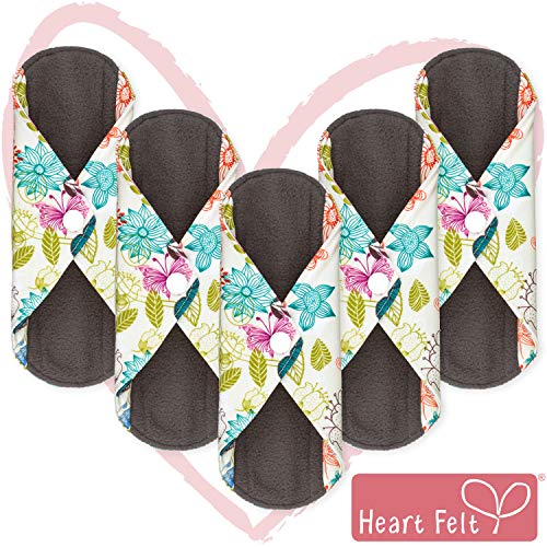 Sanitary Reusable Cloth Menstrual Pads by Heart Felt | 5 Pack Washable Sanitary Napkins with Charcoal Absorbency Layer - Overnight Long Panty Liners for Comfort and Support