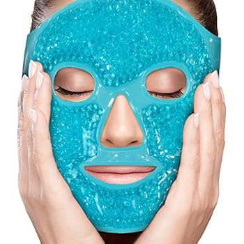 PerfeCore Facial Mask - Get Rid of Puffy Eyes - Migraine Relief, Sleeping, Travel Therapeutic Hot Cold Compress Pack - Gel Beads, Spa Therapy Wrap for Sinus Pressure Face Puffiness Headaches - Blue