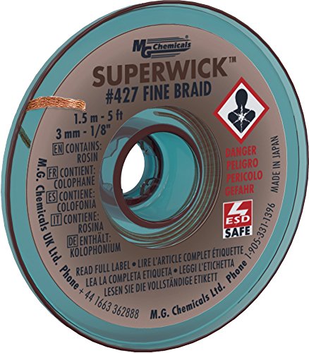 MG Chemicals Desoldering Braid #5 Fine Braid Super Wick with RMA Flux, 5' Length x 0.125" Width, Brown