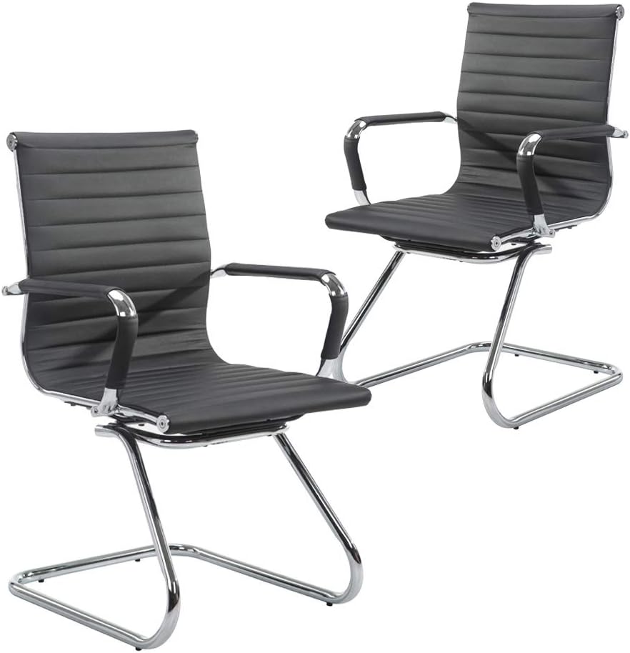 Wahson Heavy Duty Leather Office Guest Chair Mid Back Sled Reception Conference Room Chairs, Set of 2 (Black)