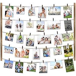 Love-KANKEI Wood Picture Photo Frame for Wall Decor 26×29 inch with 30 Clips and Ajustable Twines Collage Artworks Prints Multi Pictures Organizer and Hanging Display Frames Carbonized Black