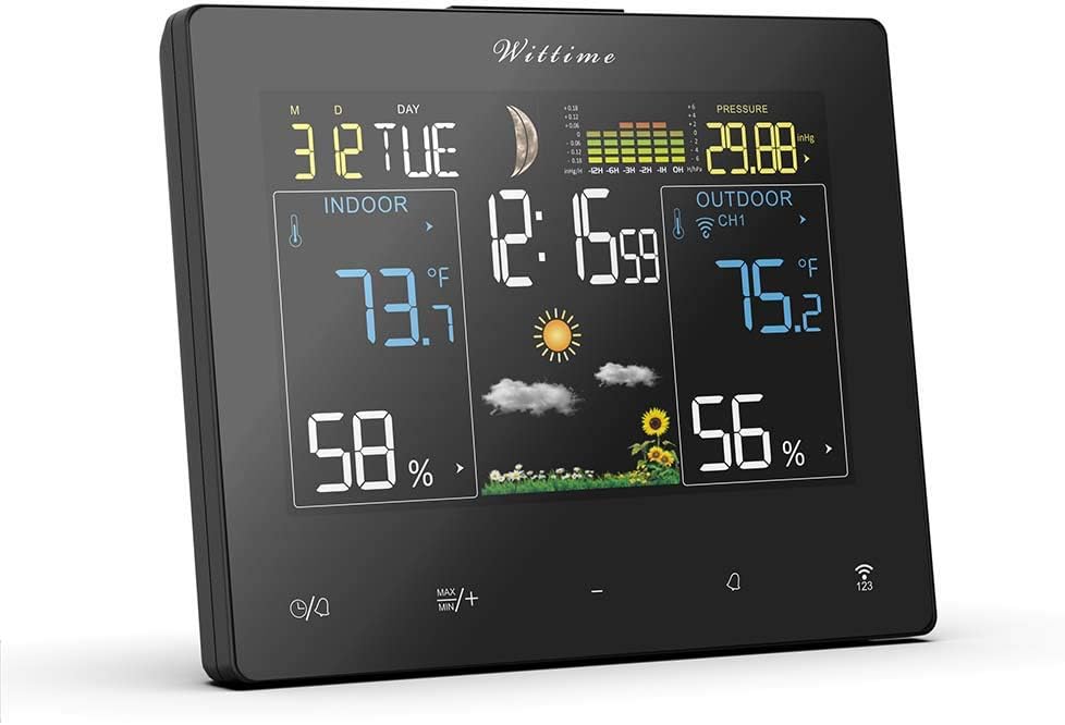 Wittime 2077 Weather Station, Wireless Indoor Outdoor Thermometer, Calibrable Digital Barometer with Weather Forecast, Temperature and Humidity Monitor Gauge, Alarm Clock and Moon Phase