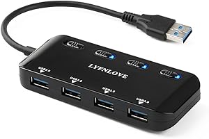 LYFNLOVE Ultra Slim USB 3 Hub, 4-Ports USB 3.0 Splitter High-Speed USB Data Hub with Individual On/Off Power Switches for Laptop, Computer, PC, Thumb Driver and More