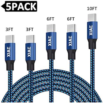 USB C Cable,XIAE 5Pack (3/3/6/6/10FT) Nylon Braided Fast Charging Cable Aluminum Housing Compatible with Samsung Galaxy S10 S9 Note 9 8 S8 Plus,LG V30 V20 G6,Google Pixel,Huawei P30/P20-Black&Blue