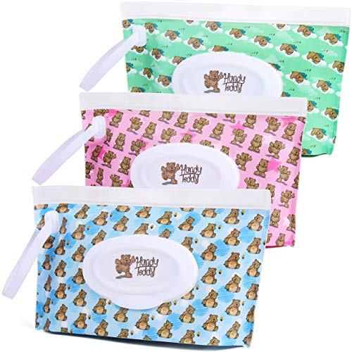 Handy Teddy Refillable Wet Wipes Case [3 Pack] | Clutch Style Wipe Dispensers With Snap-On Strap