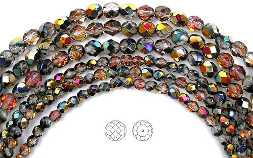 6mm (204) Crystal Santander Coated, 3x16in Strands, Czech Fire Polished Round Faceted Glass Beads