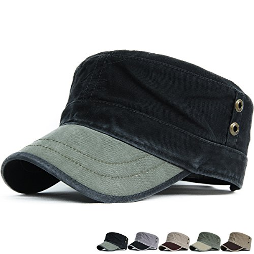 REDSHARKS Men Women Vintage Distressed Washed Cotton Twill Cadet Army Cap Adjustable Military Hat Flat Top Baseball Cap