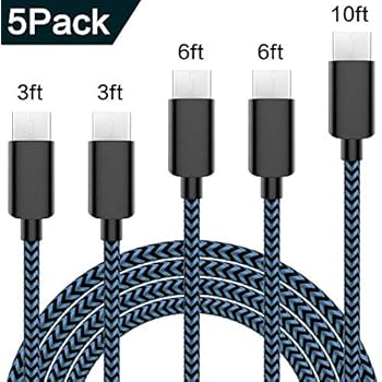 USB Type C Cable 5Pack (3/3/6/6/10FT) Nylon Braided USB C Cable Fast Charger Charging Cord Compatible Samsung Galaxy S9 S8 Note 9 Note 8 Plus,LG V30 G6 G5 V20,Google Pixel, Moto Z2 and More