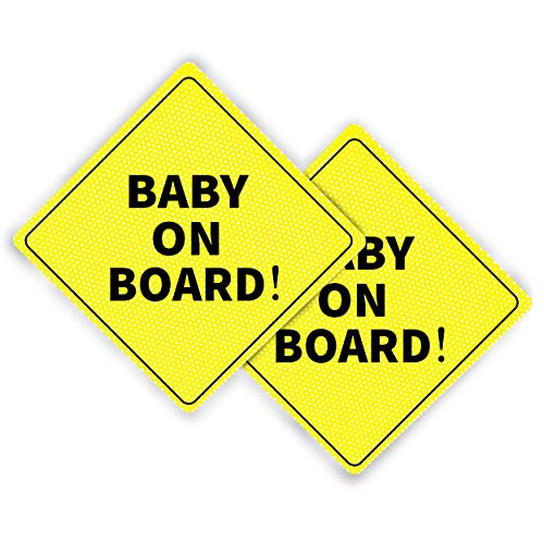 Baby On Board Sticker Sign – Essential for Cars – 2 Pack, 5″ by 5″ – Bright Yellow and See-Through When Reversing – Best Safety Signs – No Need for Suction Cup or Magnet – Durable and Strong Adhesive