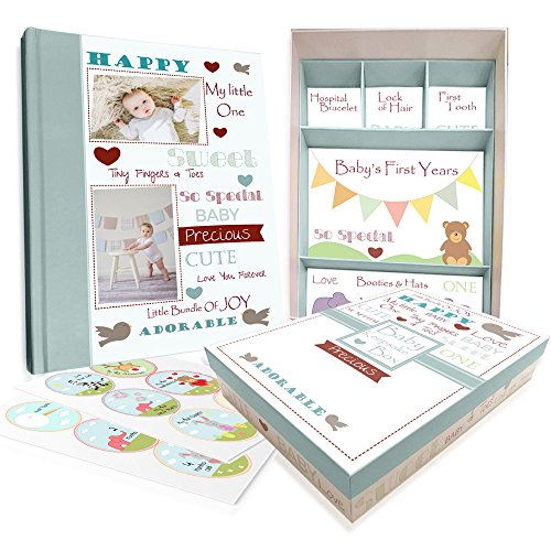 Baby Memory Book w/Keepsake Box & 30 Monthly & Baby First Milestone Stickers – Gender Neutral First Year Scrapbook…