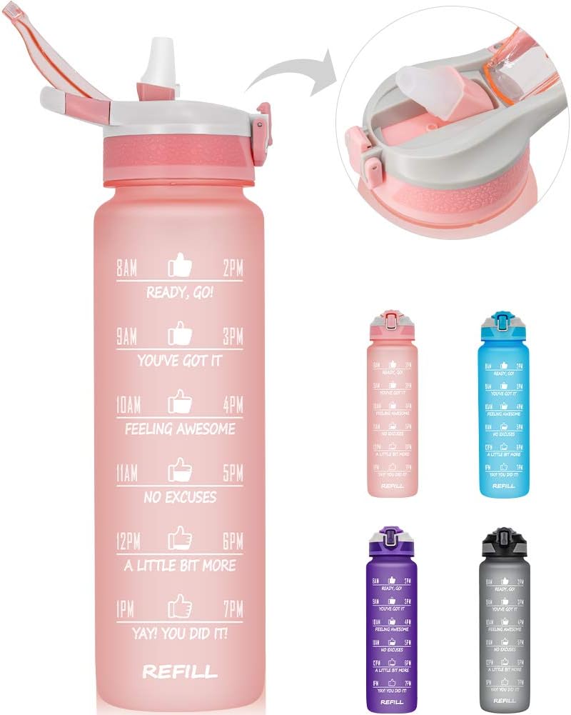 32 oz/1L Motivational Water Bottle with Time Marker & Straw - BPA Free & Leakproof Tritian Frosted Portable Reusable Fitness Sports Water Bottle for Student Women Men Kids to Gym Office School Workout