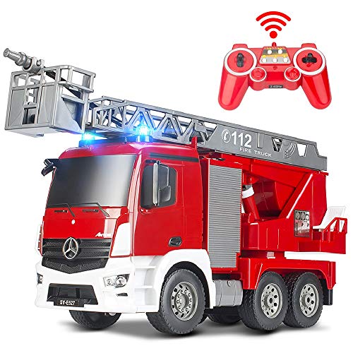 Photo 1 of DOUBLE E Remote Control Fire Truck 10 Channel Water Pump 18 Inch Extendable Ladder Fire Engine with Working Sounds Lights Rechargeable 2.4GHz Toy Trucks for Kids