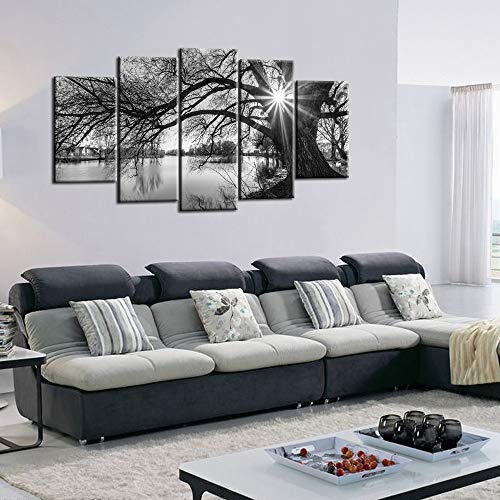 sechars - 5 Pieces Wall Art Old Tree by Lake Picture Canvas Prints ...