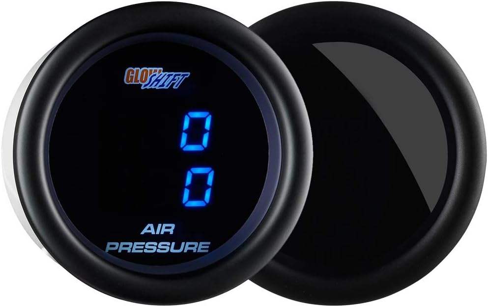 GlowShift Tinted 7 Series Dual Digital 220 PSI Air Pressure Gauge Kit - Includes 2 Electronic Sensors - Blue LED Display - Smoked Lens - for Air Ride Suspension Systems - 2-1/16" 52mm