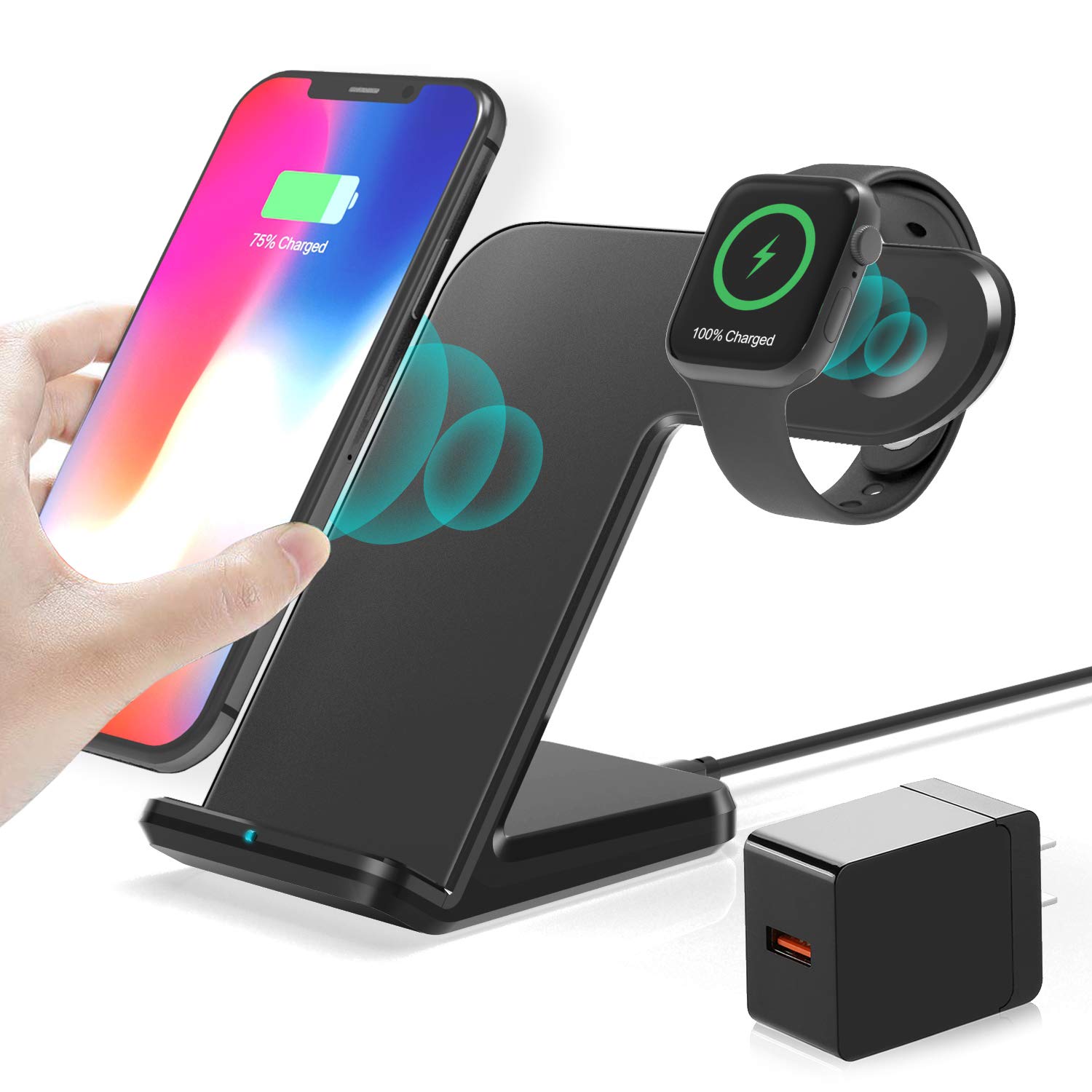 Wireless Charger,2 in 1 Wireless Charging Dock with iWatch Stand for iWatch 6/SE/ 5/4/3/2, 7.5w Qi Fast Charger for iPhone 12/11/11 Pro Max/XR/XS Max/XS/X/8/8P/Galaxy Note 10 (AC Adapter) (Black)