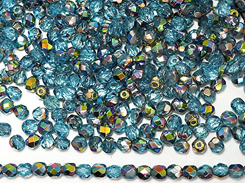 3mm, 600pcs, Aqua Vitrail Coated, Czech Fire Polished Round Faceted Glass Beads