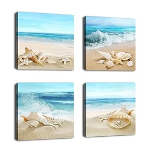 Canvas Wall Art Seashell Starfish on Beach Picture Blue Canvas Artwork Turquoise Contemporary Wall Art Prints for Bathroom Bedroom Living Room Decoration Office Wall Decor 12" x 12" x 4 Pieces