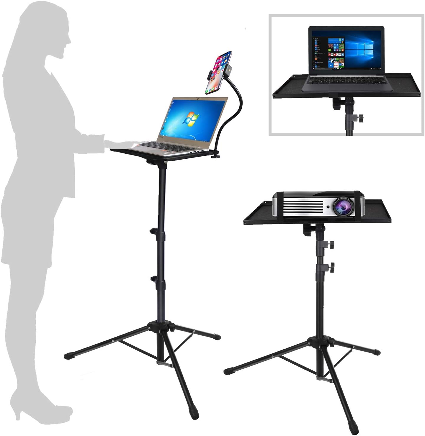 Projector Laptop Tripod Stand - Computer, Tablet, DJ Equipment Holder Mount with Gooseneck Phone Holder Height Adjustable Up to 42 Inches w/ 15'' x 11'' Plate Size - Perfect for Stage or Studio Use