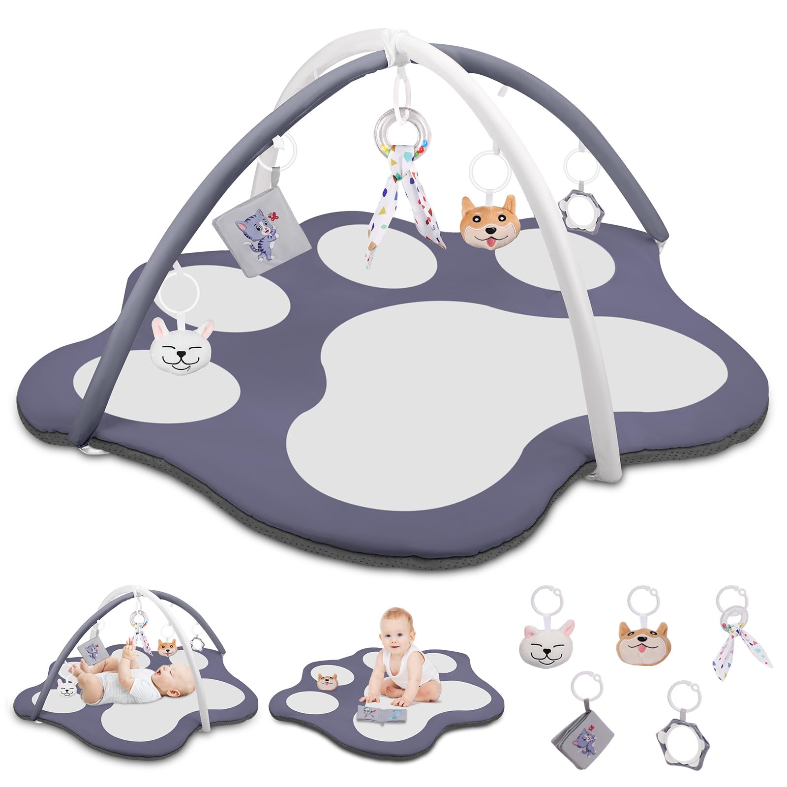 Photo 1 of Baby Gym Activity Play Mat,Oversize Cute Cat Claw Shaped Baby Play Mat Tummy Time Mat with 5 Detachable Toys Promote Motor Skills & Sensory Development Mat Washable Play Mat for Infant Toddler Grey