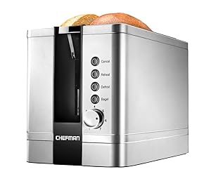 Chefman 2-Slice Pop-Up Stainless Steel Toaster w/ 7 Shade Settings Extra Wide Slots for Toasting Bagels, Defrost/Reheat/Cancel Functions, Removable Crumb Tray, 850W, 120V, Silver