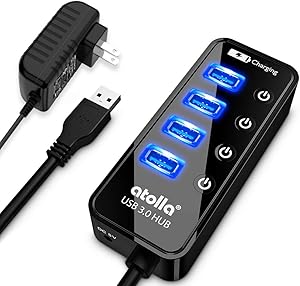 Powered USB Hub, atolla 4-Port USB 3.0 Hub with 4 USB 3.0 Data Ports and 1 USB Smart Charging Port, USB Splitter with Individual On/Off Switches and 5V/3A Power Adapter