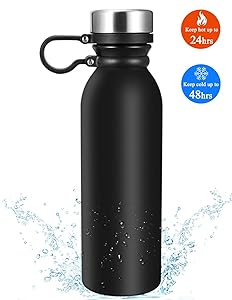 Thermoflask, Eccomum 20 oz Vacuum flask, 18/8 Stainless Steel Double Wall Water Bottle, Insulated, BPA Free, Lightweight, Leak Proof, Wide Mouth with Finger Belt, Finger-Print Free Texture - Black