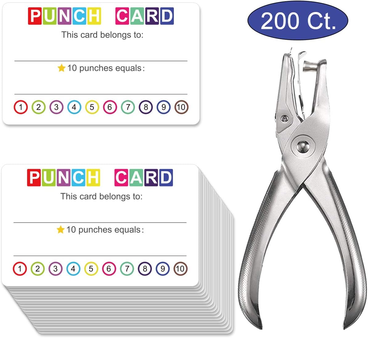 Punch cards with a place to write a name and a hole puncher.