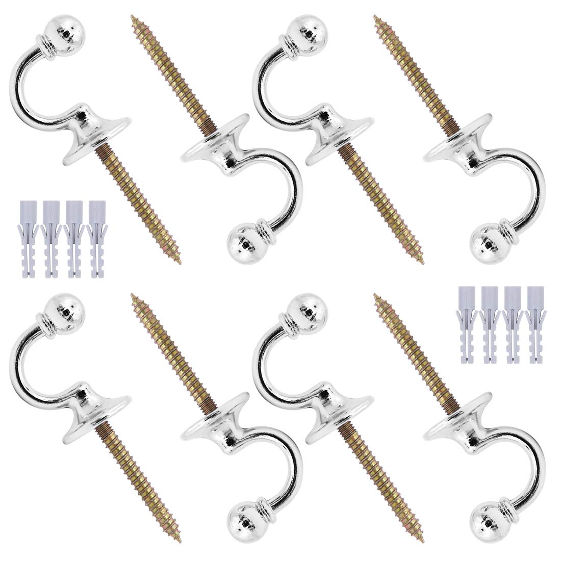 Geluode 8 Pcs Metal Curtain Holdbacks, Curtain Tieback Hooks Metal U Ball End, Decorative Wall Mounted Drapery Tiebacks with Screws, Heavy Duty Window Treatment Holdbacks for Home Decor