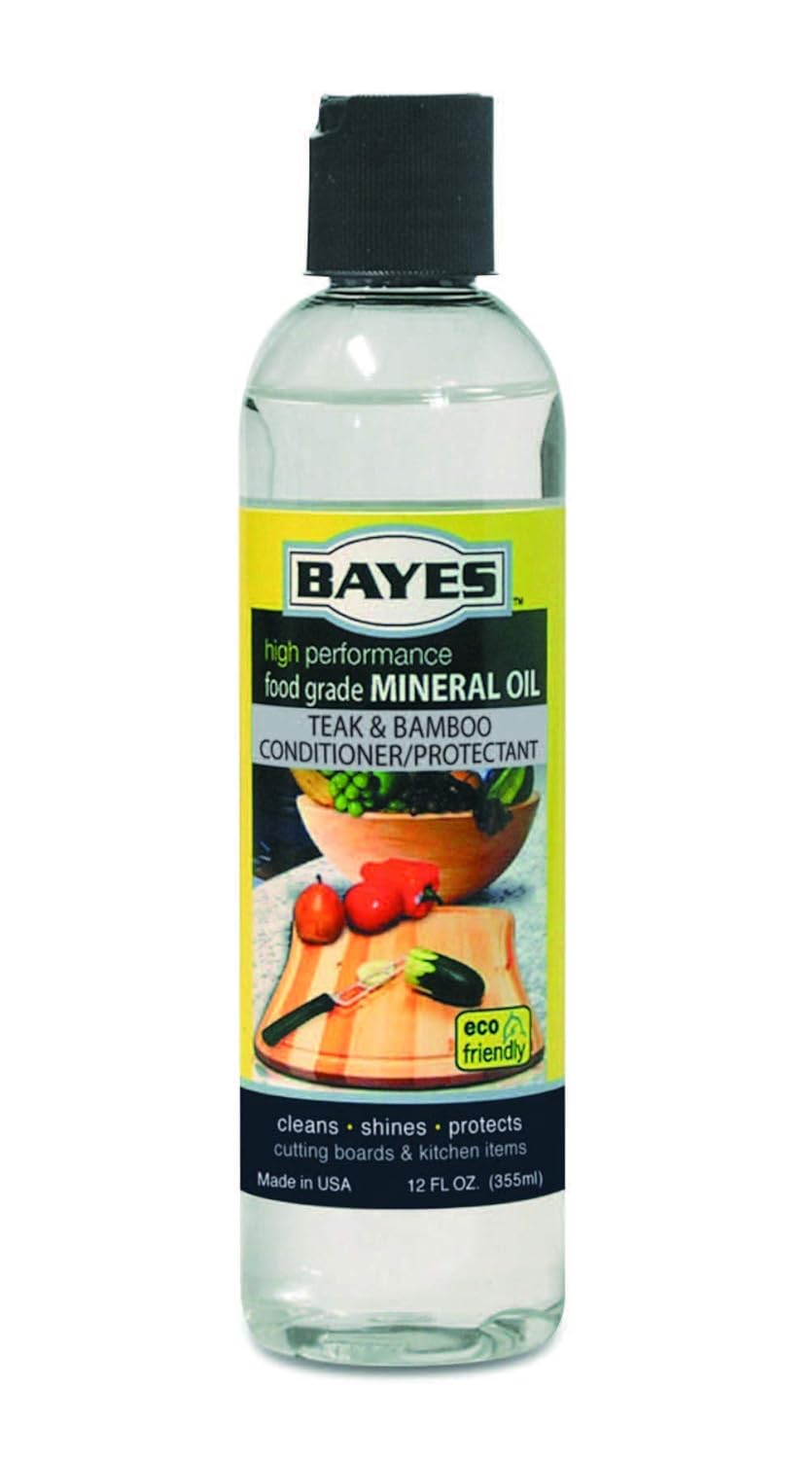 Bayes High-Performance Food Grade Mineral Oil Wood & Bamboo Conditioner and Protectant - Cleans, Conditions and Protects Wood, Bamboo, and Teak Cutting Boards and Utensils - 12 oz