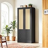 DIYART 64.2" Tall Rattan Black Kitchen Pantry Cabinet, Kitchen Storage Cabinet with Doors and Drawers, Freestanding Wooden St