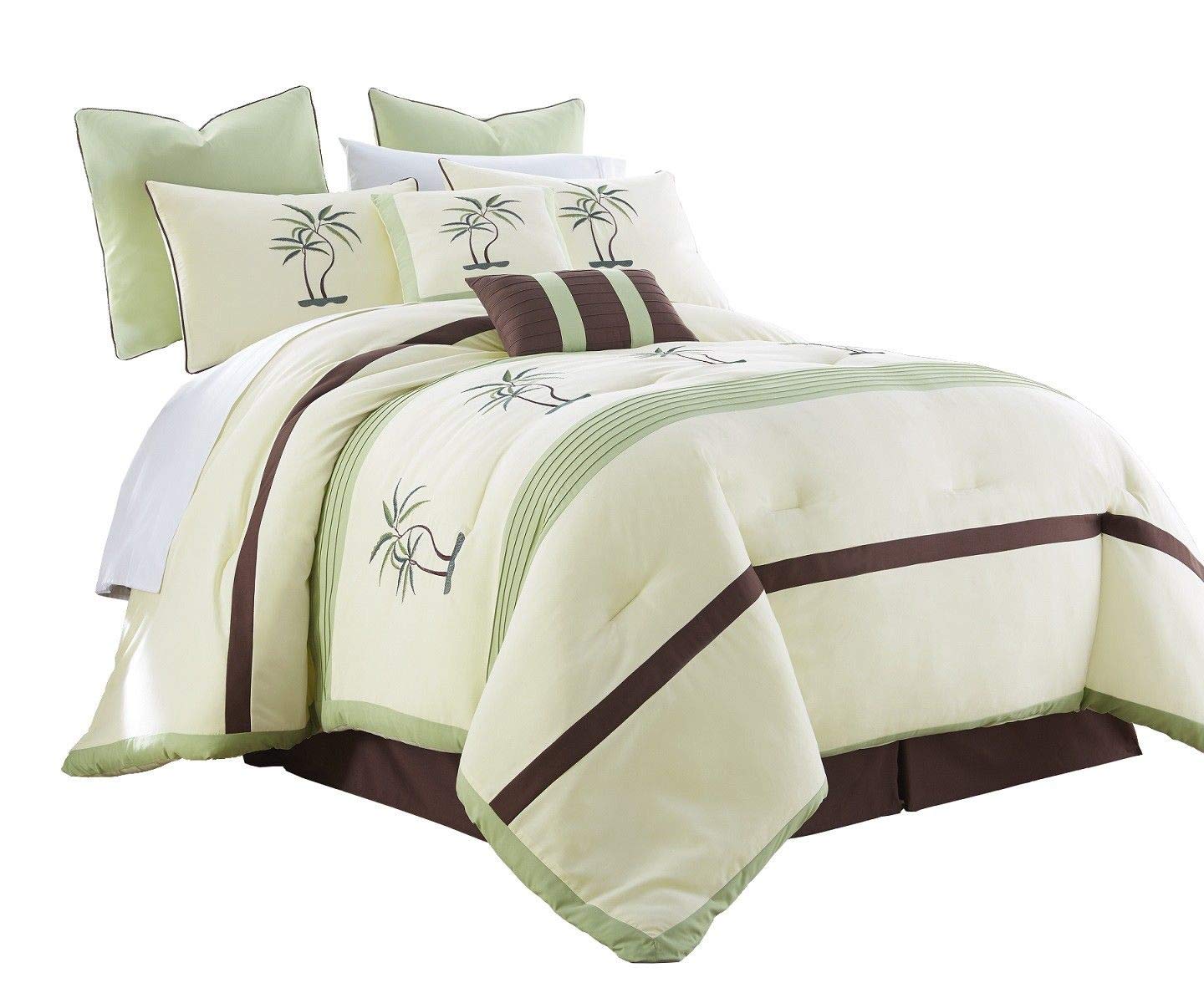 Chezmoi Collection Bali 8-Piece Embroidered Palm Trees Pleated Striped Comforter Set Queen Size