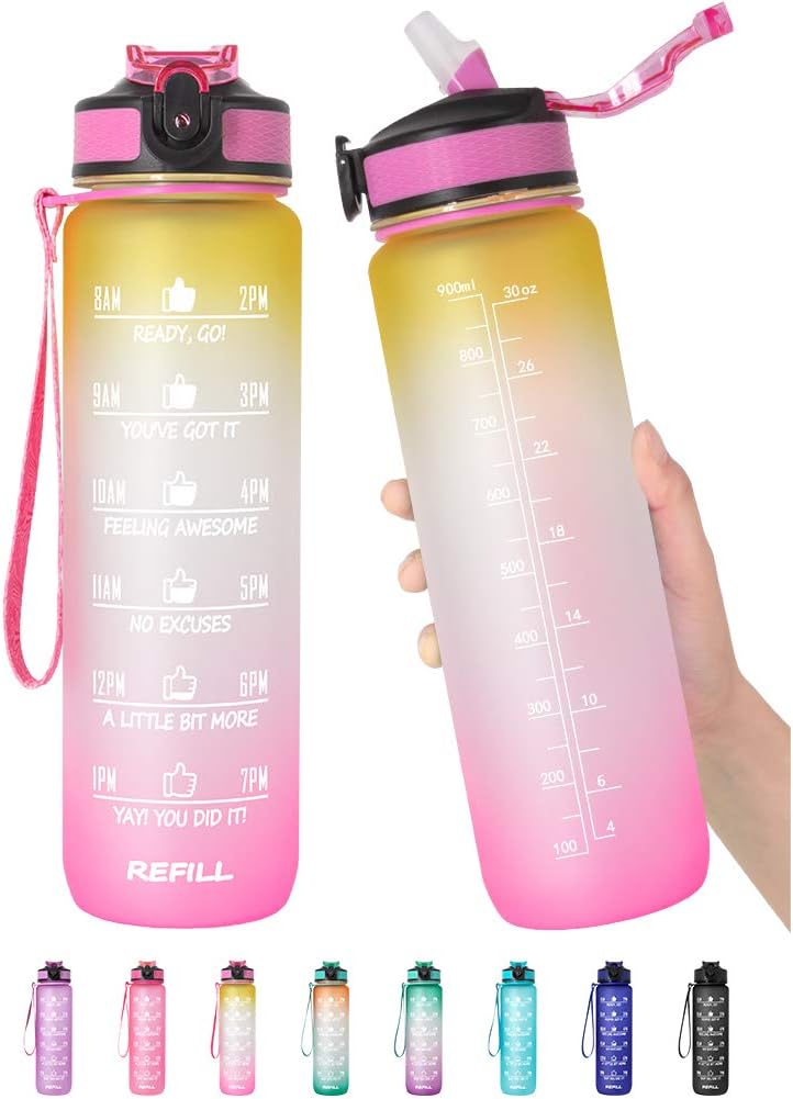 32 oz Motivational Water Bottle with Time Marker & Straw - BPA Free & Leakproof Tritian Frosted Portable Reusable Fitness Sport 1L Water Bottle for Men Women Kids Student to Office School Gym Workout