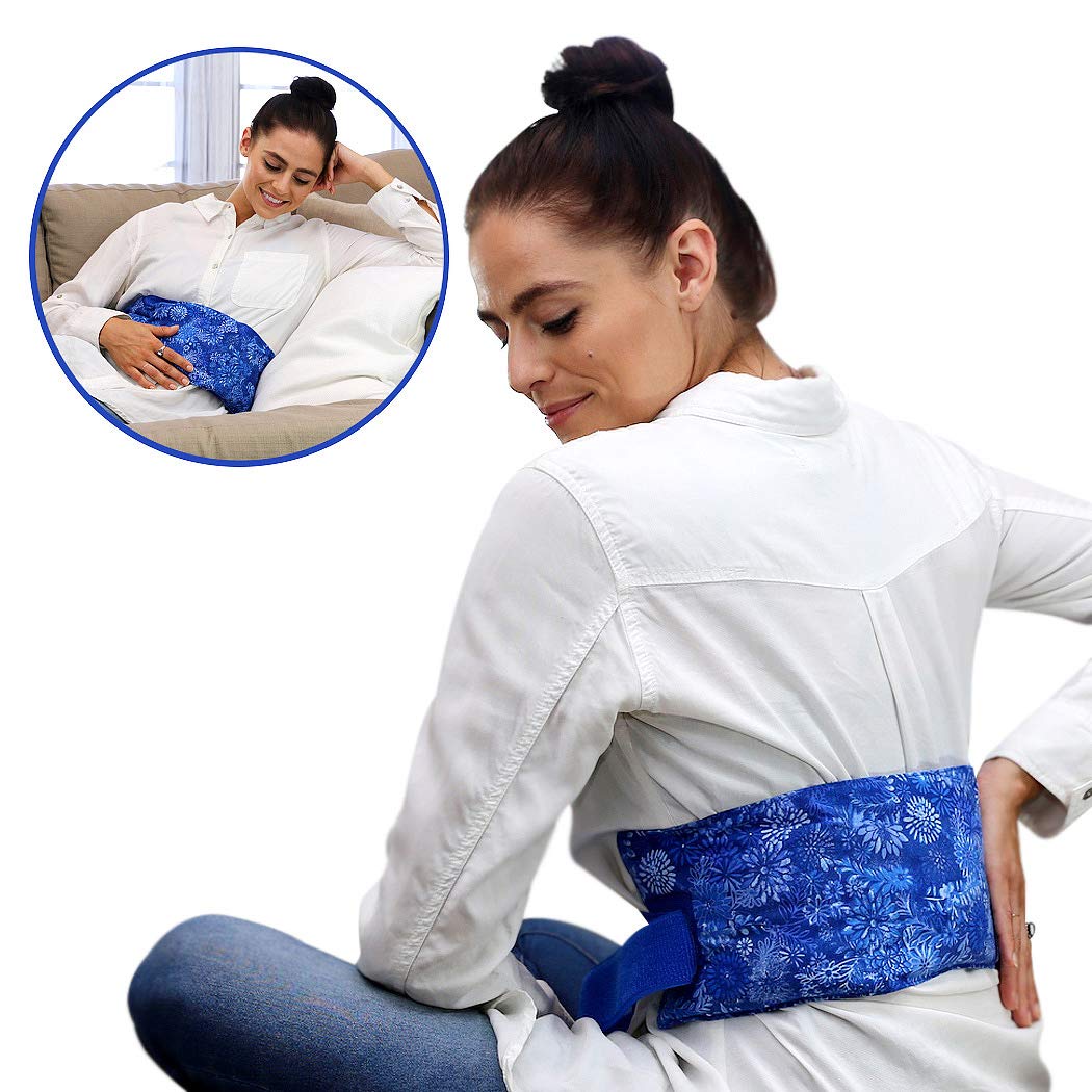 Hot Pockets Back Heating Pad for Lower Back Pain Relief - Washable and Microwavable Heat Wrap with Secure to Body Strap – American Brand Natural Hot & Cold Therapy Packs (Blue Flowers)