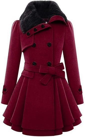 Zeagoo Women's Fashion Faux Fur Lapel Double-Breasted Thick Wool Trench Coat Jacket