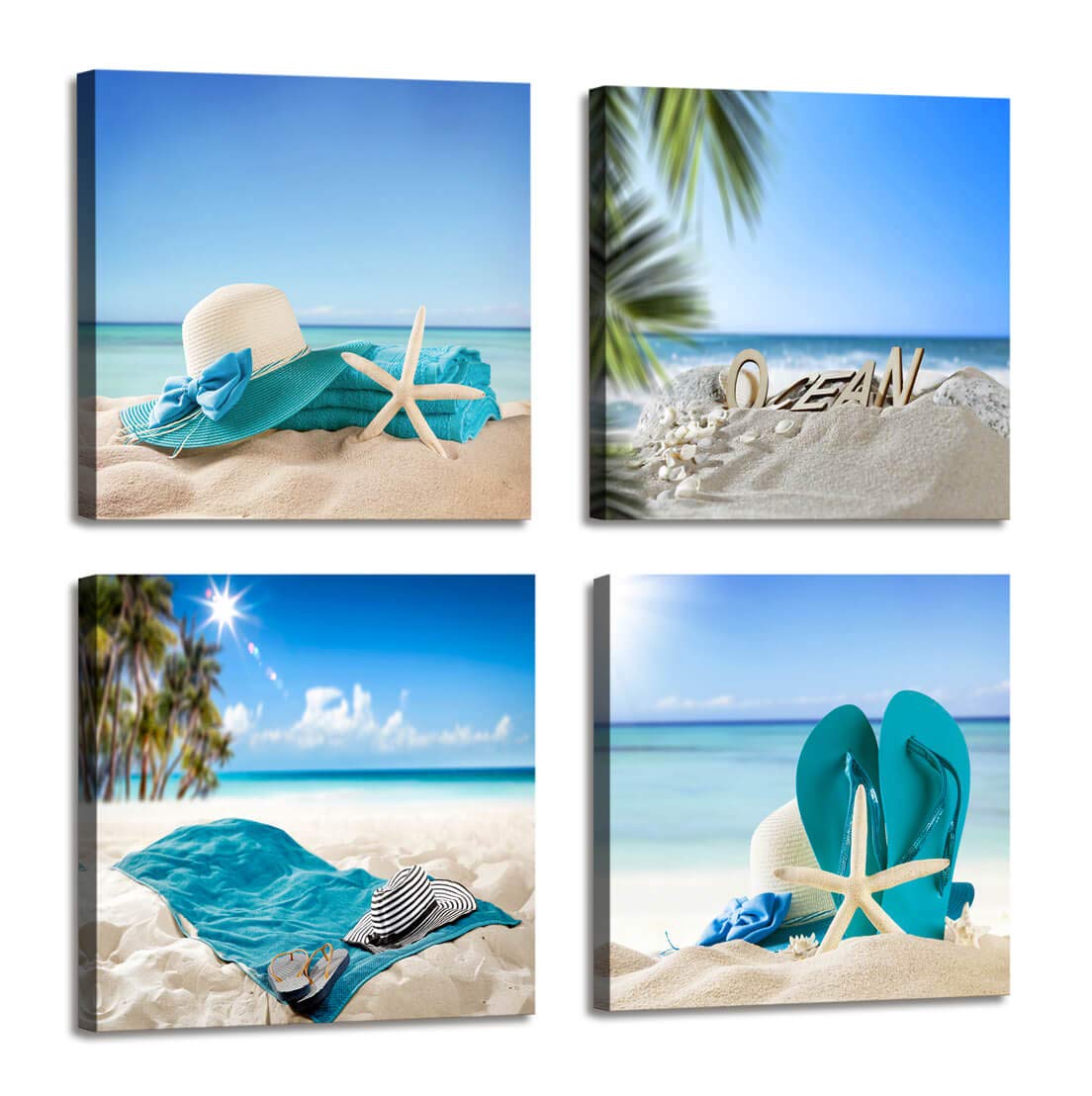 Beach Theme Decor Bedroom Wall Decor Summer Beach Palms Sandy Beach with Shells Ocean Decor - 4 Panels Framed Artwork Blue Sea Canvas Prints for Living Room Bathroom Home Decor 12x12 inches 4pcs/Set