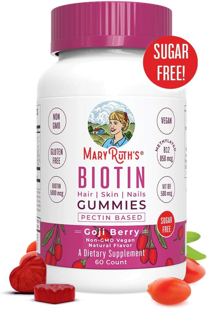 Vegan Biotin Gummy Vitamins 5000 mcg for Hair, Skin & Nails by MaryRuth- Vitamin B9, Methyl B12 & Zinc - Non-GMO - Made w/Organic Ingredients - Goji Berry Flavor - Pectin - Sugar & Gluten Free 60ct